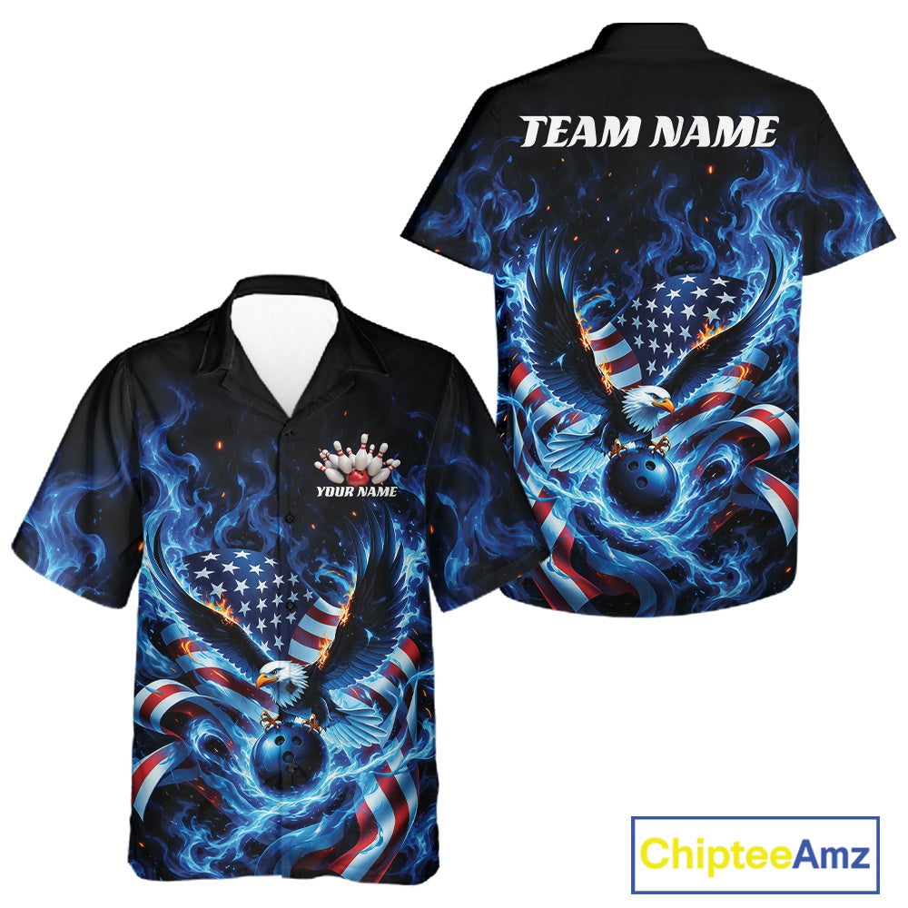 Custom Patriotic Flaming Bald Eagle American Flag Bowling And Hawaiian Shirt
