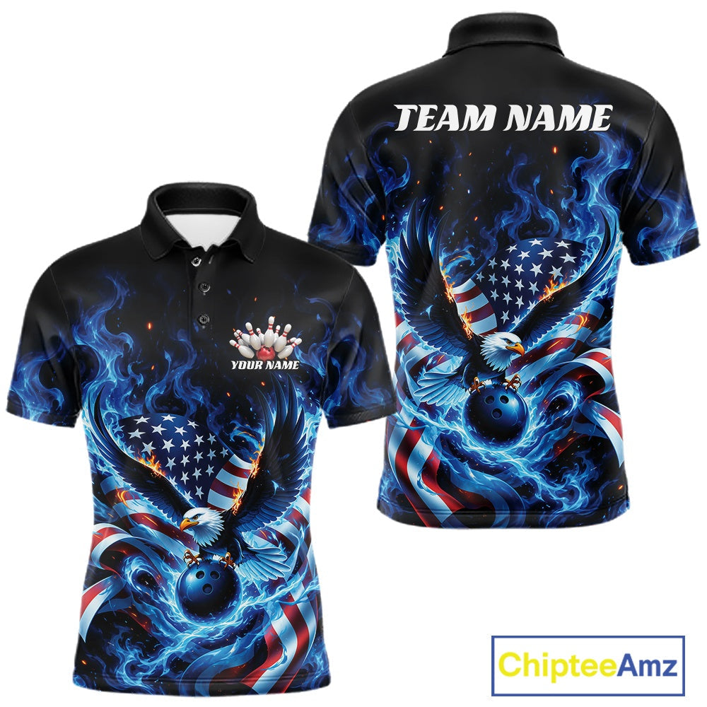Custom Patriotic Flaming Bald Eagle American Flag Bowling Polo Shirt