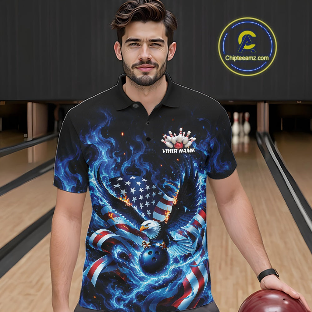 Custom Patriotic Flaming Bald Eagle American Flag Bowling Polo Shirt