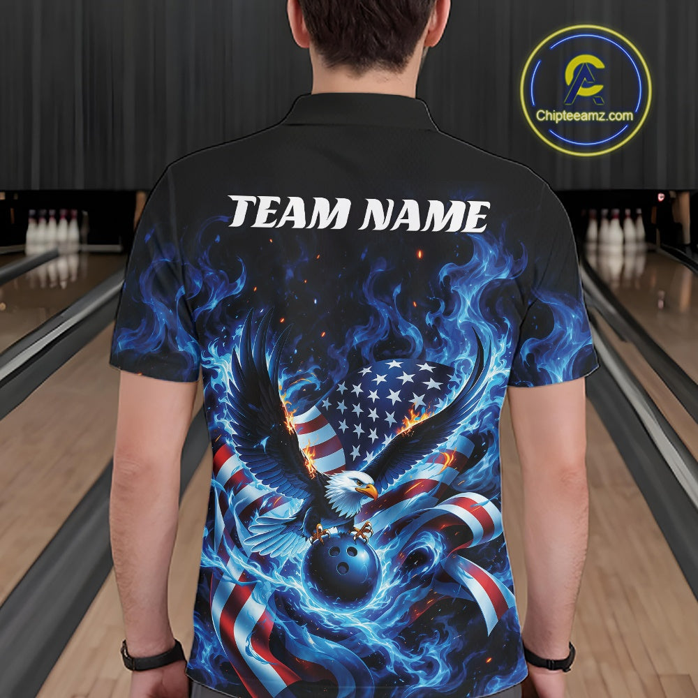 Custom Patriotic Flaming Bald Eagle American Flag Bowling Polo Shirt