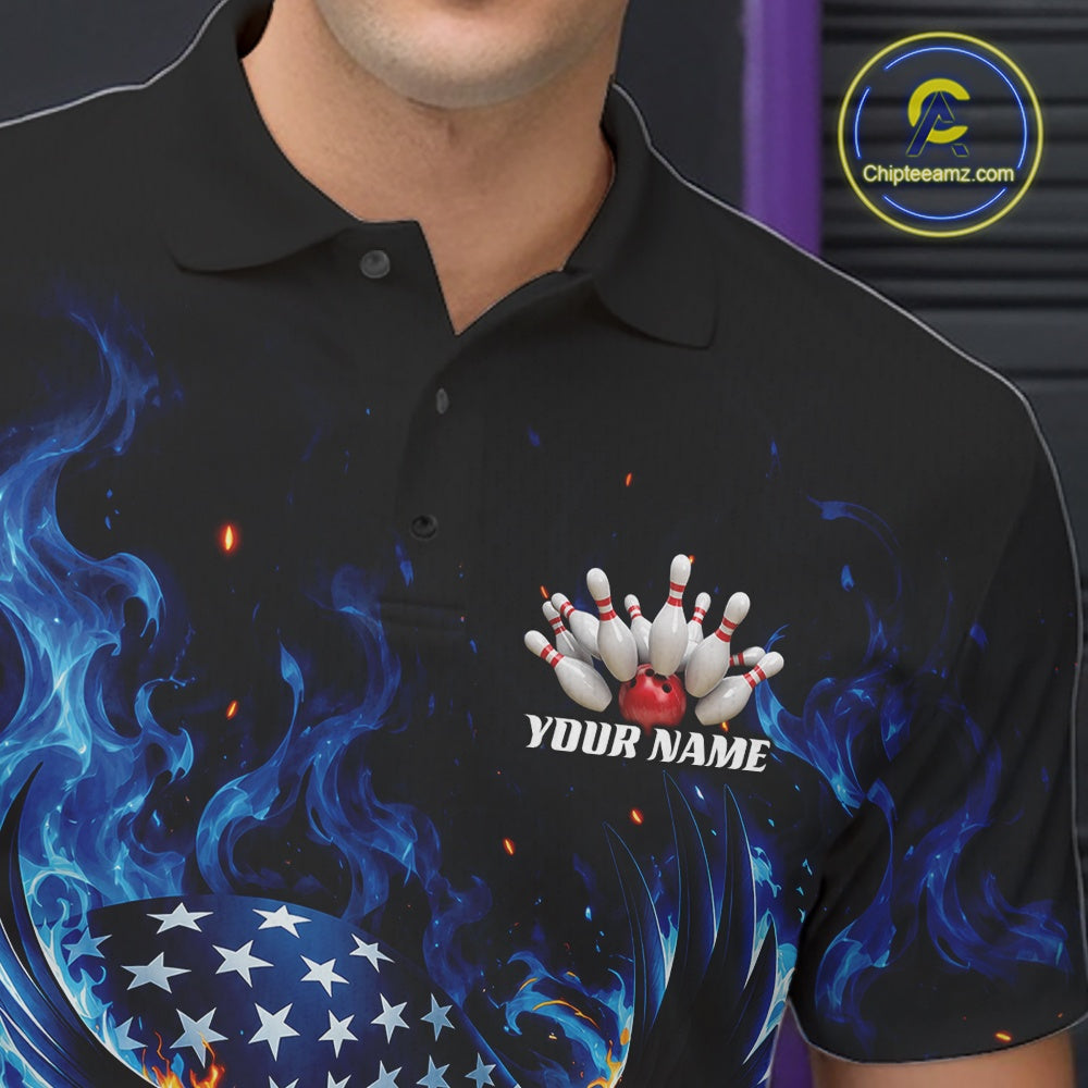 Custom Patriotic Flaming Bald Eagle American Flag Bowling Polo Shirt