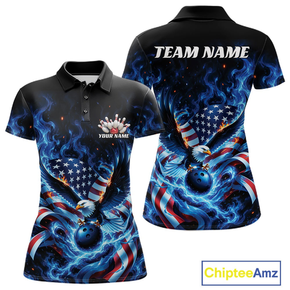 Custom Patriotic Flaming Bald Eagle American Flag Bowling Polo Shirt