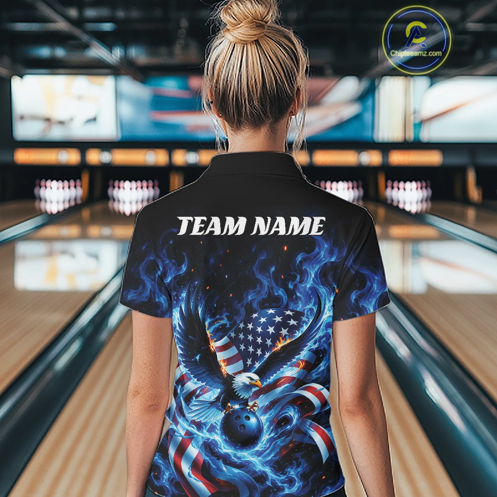 Custom Patriotic Flaming Bald Eagle American Flag Bowling Polo Shirt