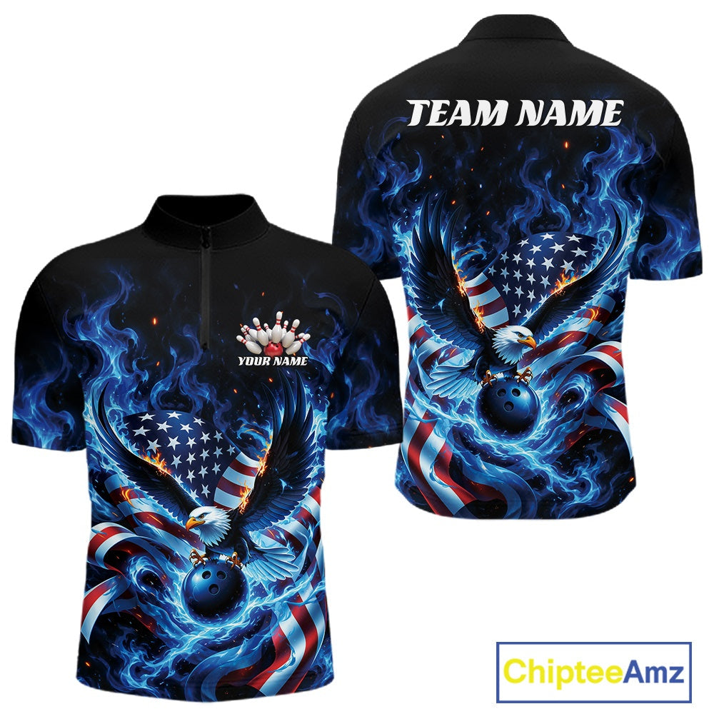 Custom Patriotic Flaming Bald Eagle American Flag Bowling Quarter Zip Shirt