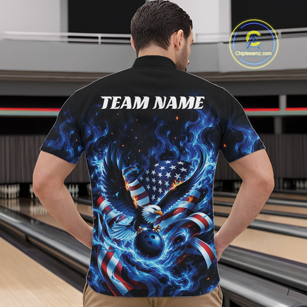 Custom Patriotic Flaming Bald Eagle American Flag Bowling Quarter Zip Shirt