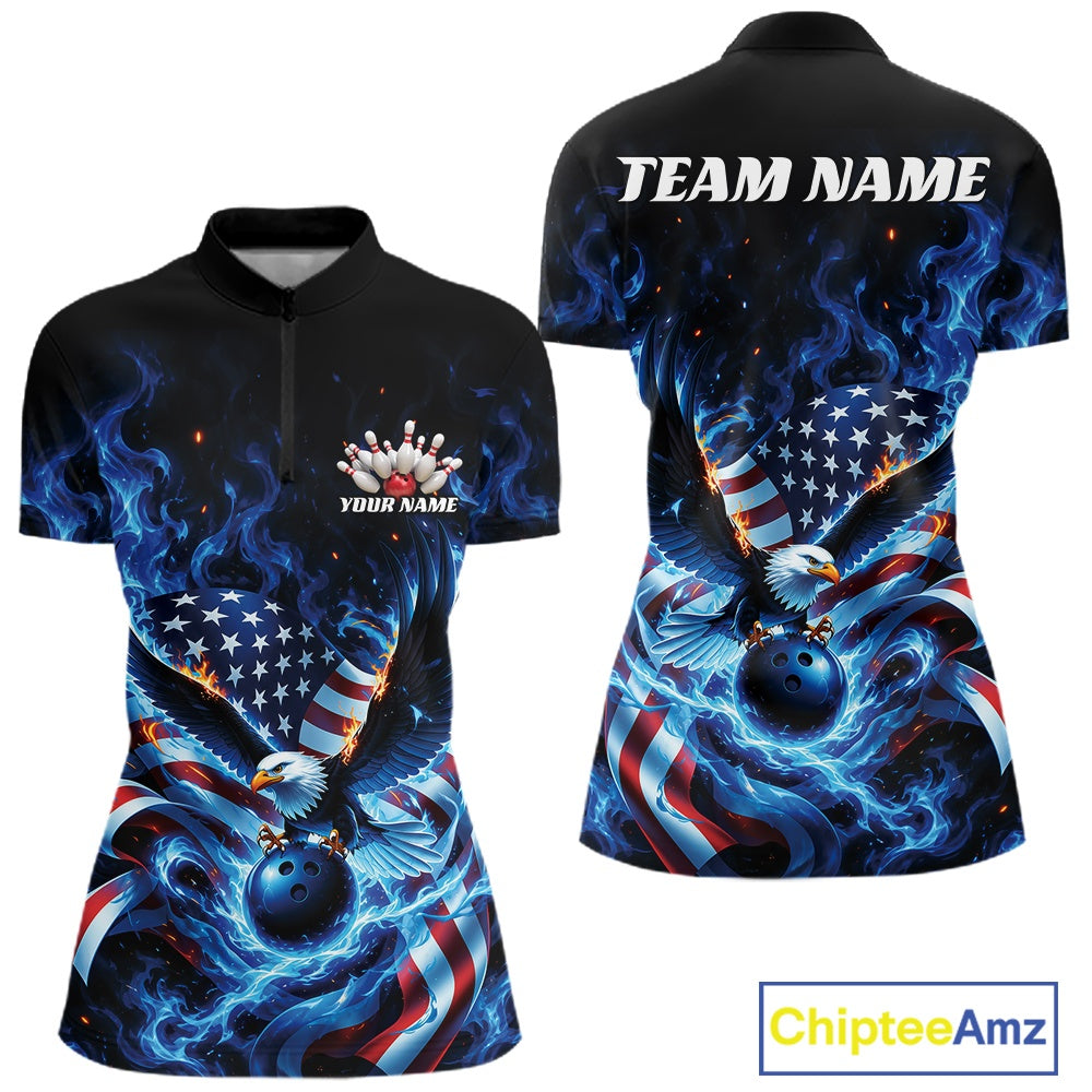 Custom Patriotic Flaming Bald Eagle American Flag Bowling Quarter-Zip Shirt