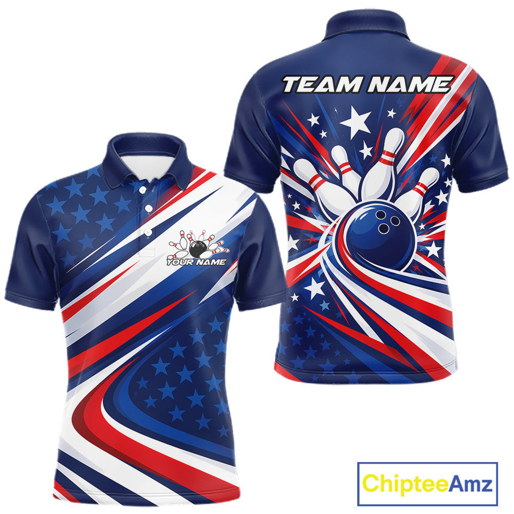 Custom Patriotic Bowling League Polo Shirt, Bowling Jersey Team Uniform