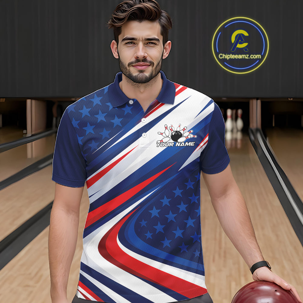 Custom Patriotic Bowling League Polo Shirt, Bowling Jersey Team Uniform