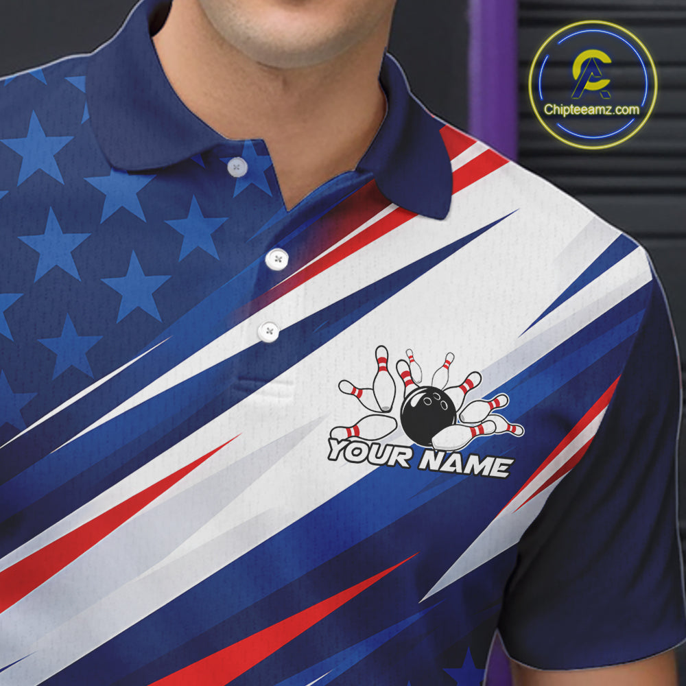 Custom Patriotic Bowling League Polo Shirt, Bowling Jersey Team Uniform