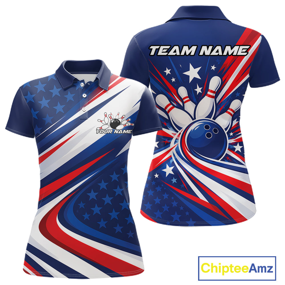 Custom Patriotic Bowling League Polo Shirt, Bowling Jersey Team Uniform