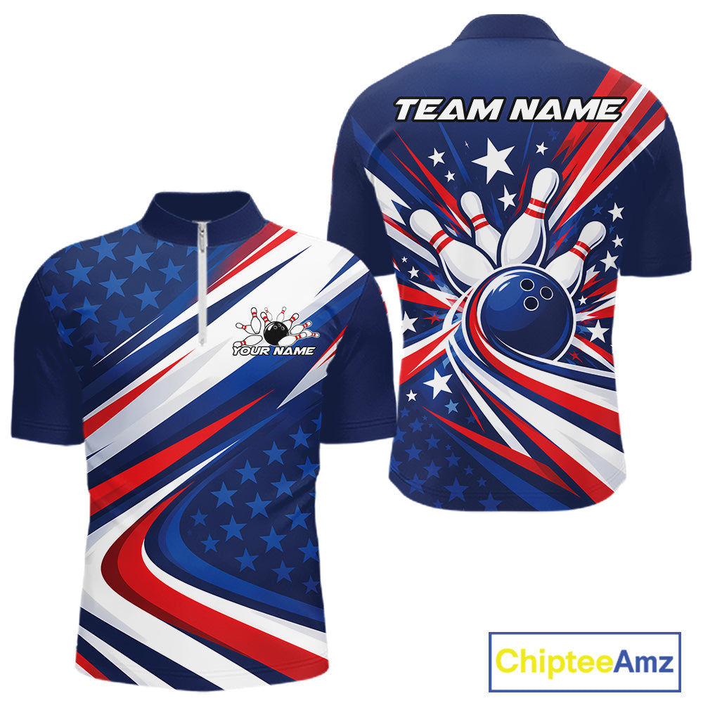 Custom Patriotic Bowling League Quarter Zip Shirt, Bowling Jersey Team Uniform