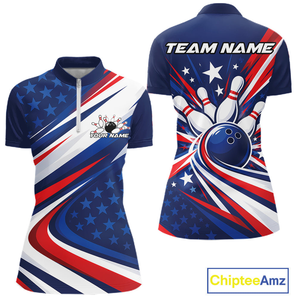 Custom Patriotic Bowling League Quarter-Zip Shirt, Bowling Jersey Team Uniform