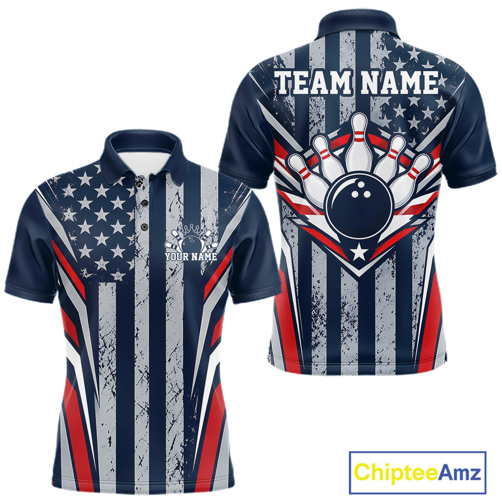 Grunge American Flag Custom Vintage Patriotic Bowling Polo Shirt, Bowler Outfit