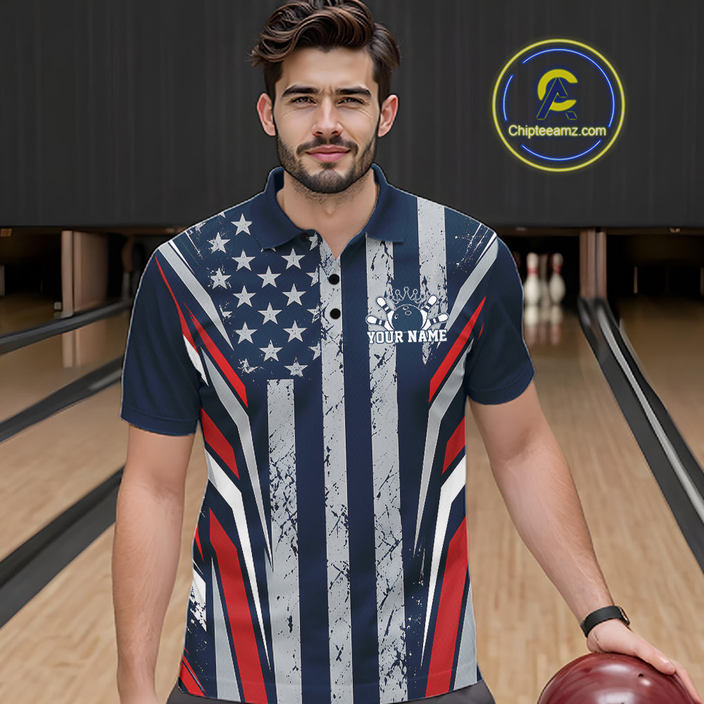 Grunge American Flag Custom Vintage Patriotic Bowling Polo Shirt, Bowler Outfit