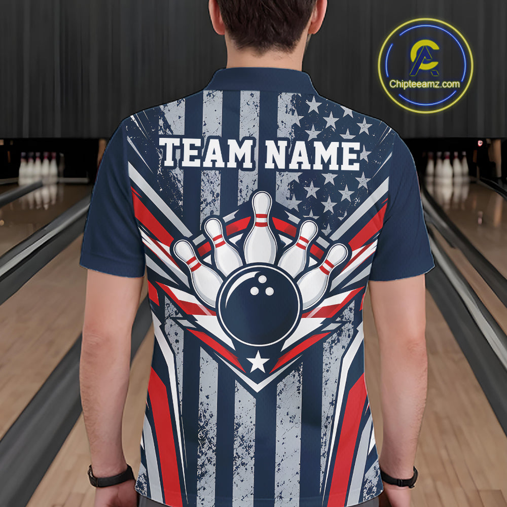 Grunge American Flag Custom Vintage Patriotic Bowling Polo Shirt, Bowler Outfit
