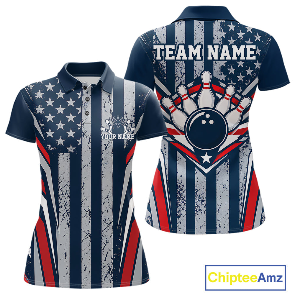 Grunge American Flag Custom Vintage Patriotic Bowling Polo Shirt, Bowler Outfit