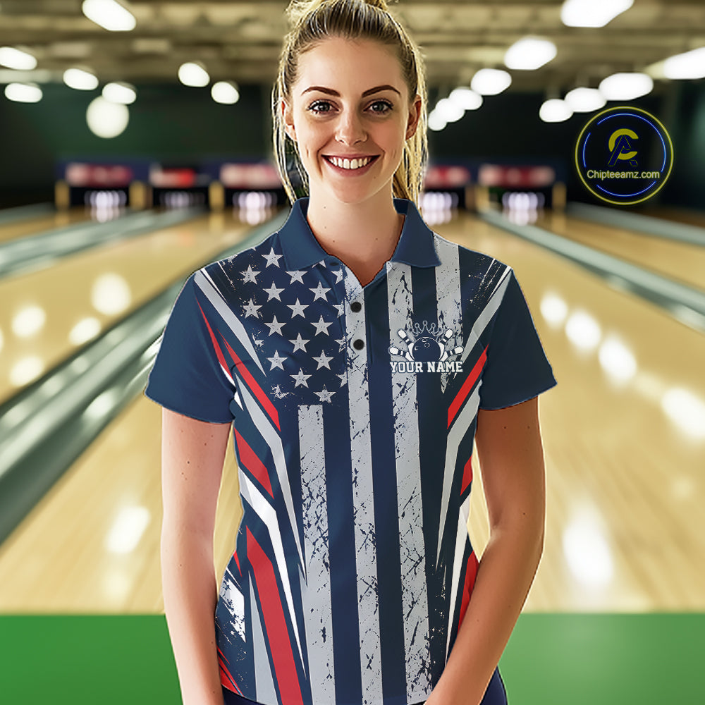 Grunge American Flag Custom Vintage Patriotic Bowling Polo Shirt, Bowler Outfit