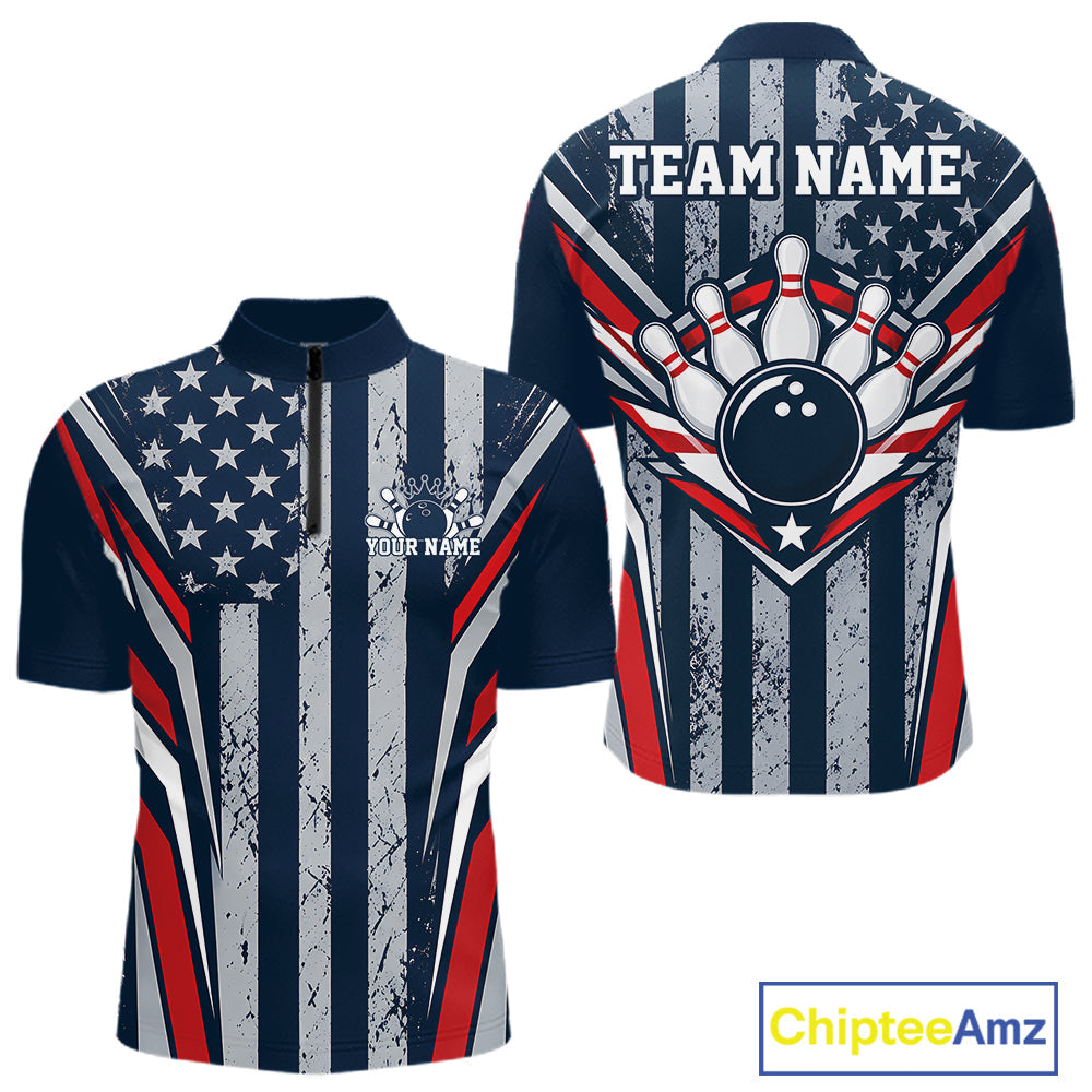 Grunge American Flag Custom Vintage Patriotic Bowling Quarter Zip Shirt, Bowler Outfit
