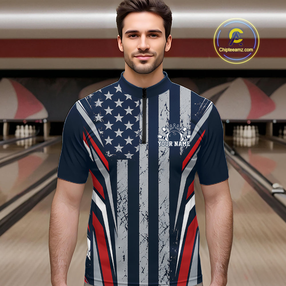 Grunge American Flag Custom Vintage Patriotic Bowling Quarter Zip Shirt, Bowler Outfit