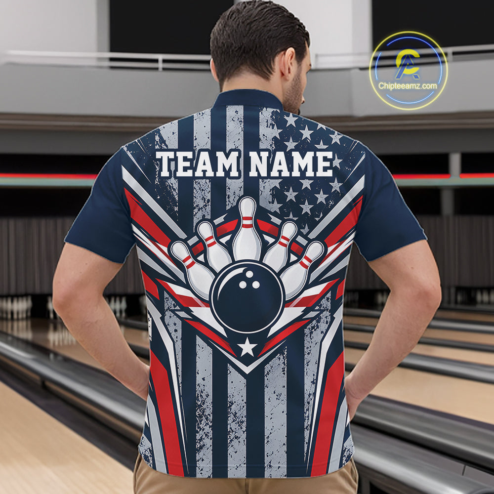 Grunge American Flag Custom Vintage Patriotic Bowling Quarter Zip Shirt, Bowler Outfit