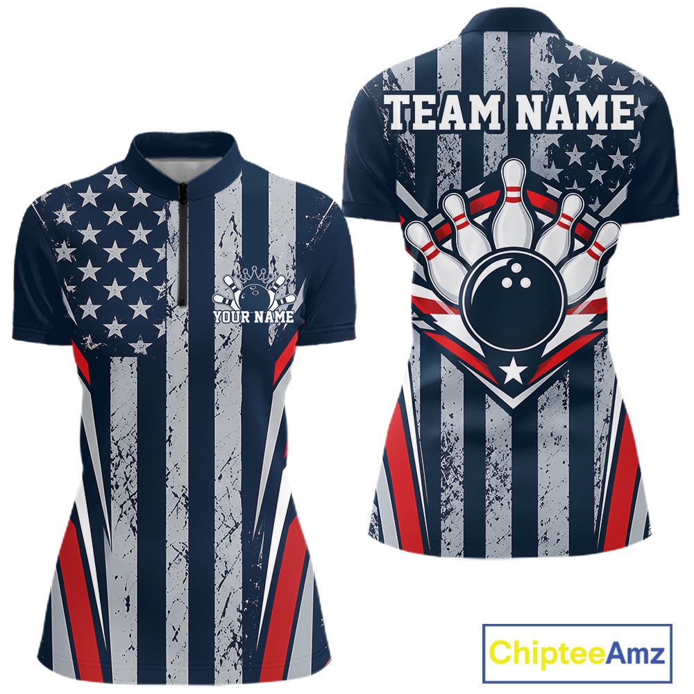 Grunge American Flag Custom Vintage Patriotic Bowling Shirt, Bowler Outfit