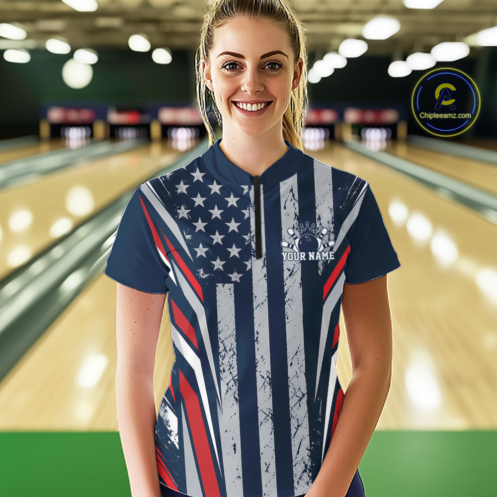 Grunge American Flag Custom Vintage Patriotic Bowling Shirt, Bowler Outfit