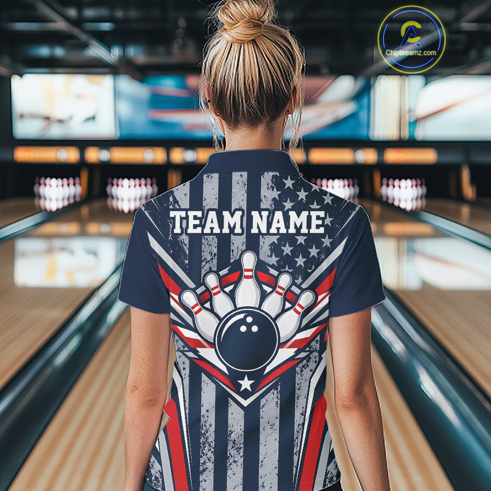 Grunge American Flag Custom Vintage Patriotic Bowling Shirt, Bowler Outfit
