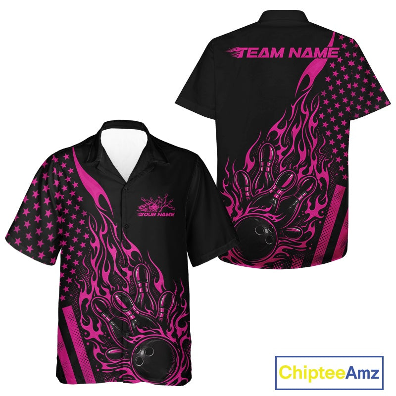 Custom Pink Patriotic Flame Bowling And Hawaiian Shirt, US Flag Bowler Jersey