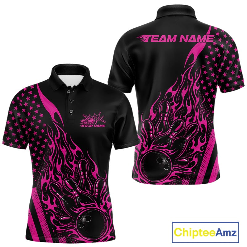 Custom Pink Patriotic Flame Bowling Polo Shirt, US Flag Bowler Jersey