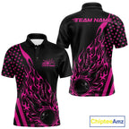Custom Pink Patriotic Flame Bowling Polo Shirt, US Flag Bowler Jersey