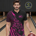Custom Pink Patriotic Flame Bowling Polo Shirt, US Flag Bowler Jersey