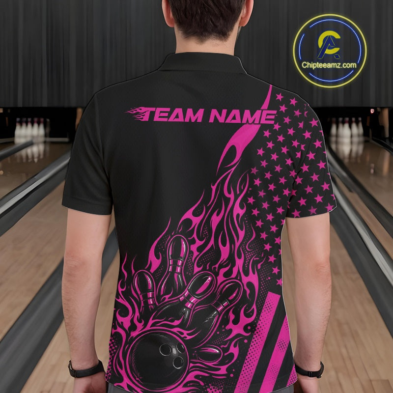 Custom Pink Patriotic Flame Bowling Polo Shirt, US Flag Bowler Jersey