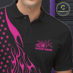 Custom Pink Patriotic Flame Bowling Polo Shirt, US Flag Bowler Jersey