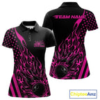 Custom Pink Patriotic Flame Bowling Polo Shirt, US Flag Bowler Jersey