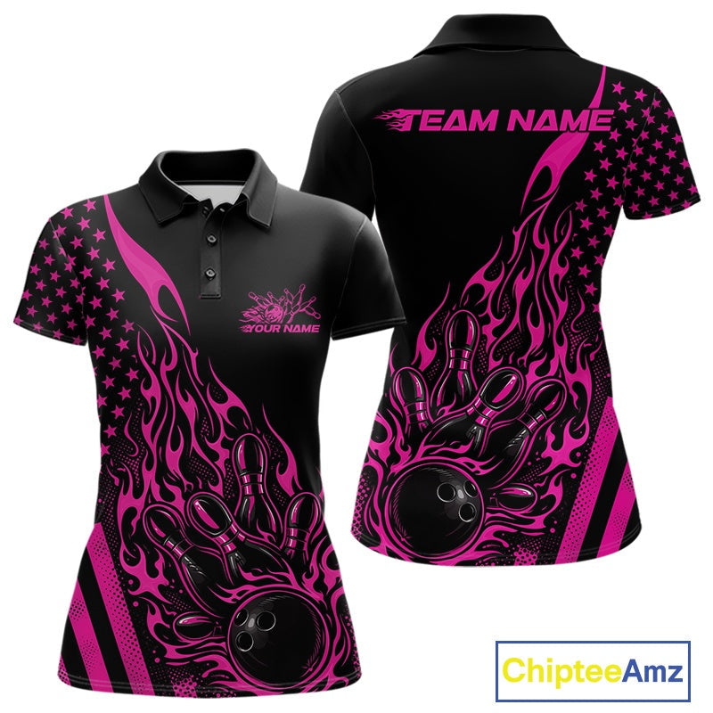 Custom Pink Patriotic Flame Bowling Polo Shirt, US Flag Bowler Jersey