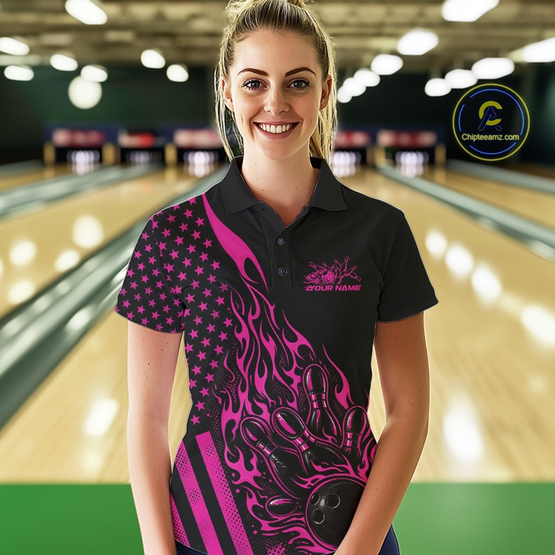 Custom Pink Patriotic Flame Bowling Polo Shirt, US Flag Bowler Jersey