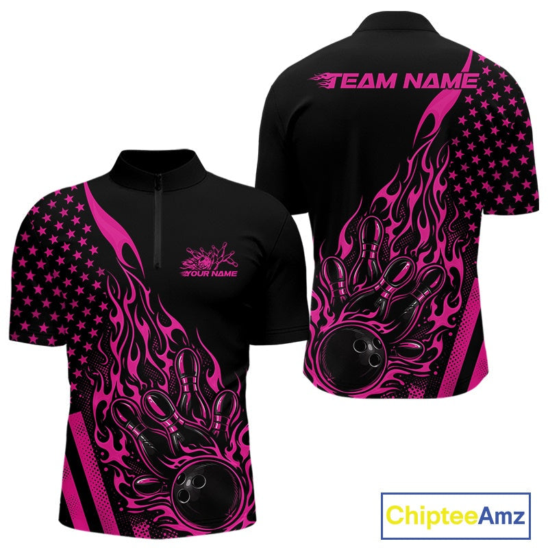 Custom Pink Patriotic Flame Bowling Quarter-Zip Shirt, US Flag Bowler Jersey
