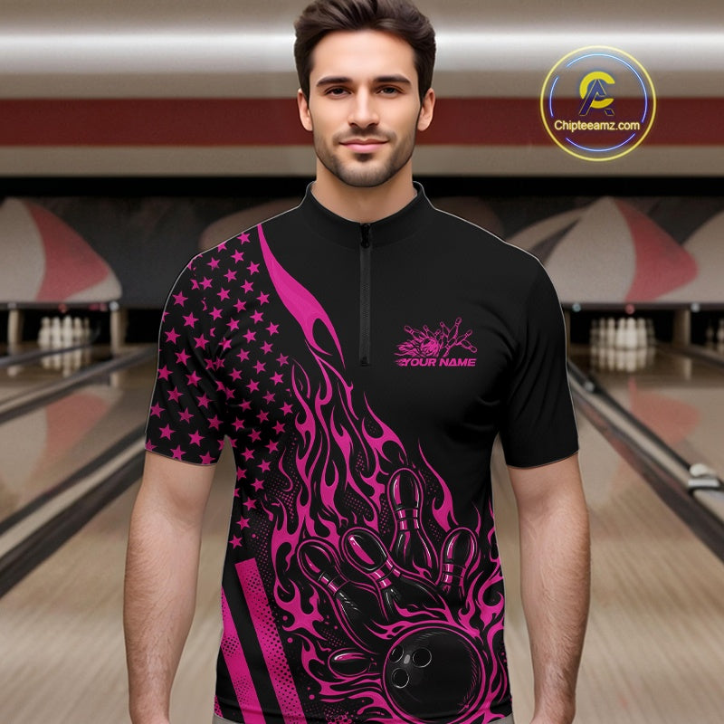 Custom Pink Patriotic Flame Bowling Quarter-Zip Shirt, US Flag Bowler Jersey