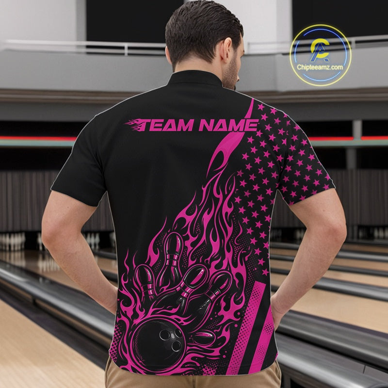 Custom Pink Patriotic Flame Bowling Quarter-Zip Shirt, US Flag Bowler Jersey