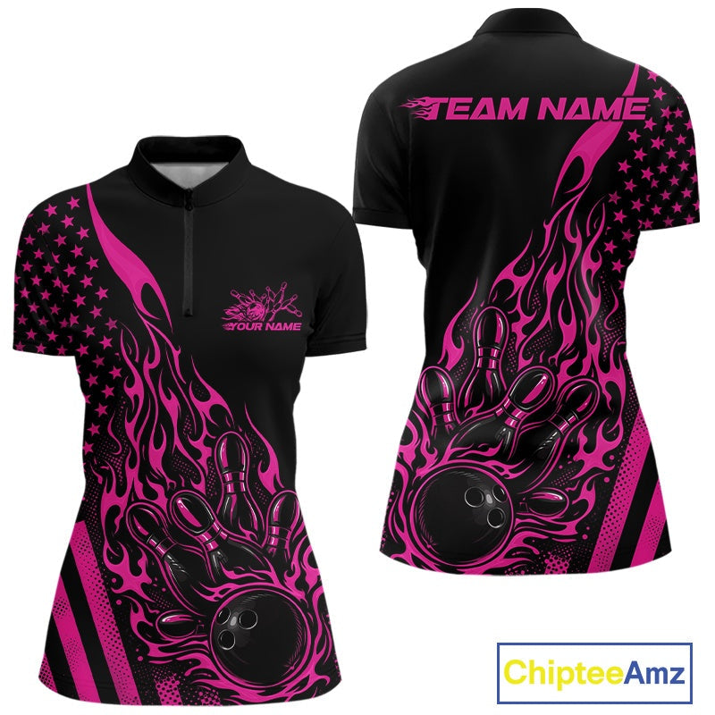 Custom Pink Patriotic Flame Bowling Quarter-Zip Shirt, US Flag Bowler Jersey