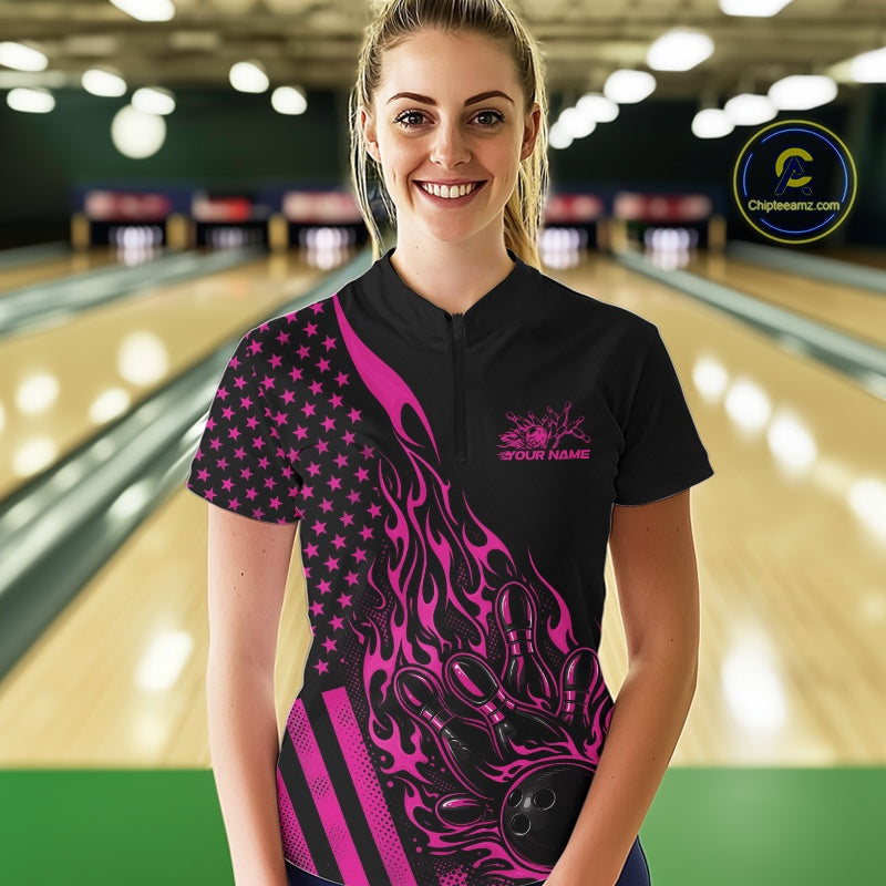 Custom Pink Patriotic Flame Bowling Quarter-Zip Shirt, US Flag Bowler Jersey