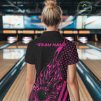 Custom Pink Patriotic Flame Bowling Quarter-Zip Shirt, US Flag Bowler Jersey