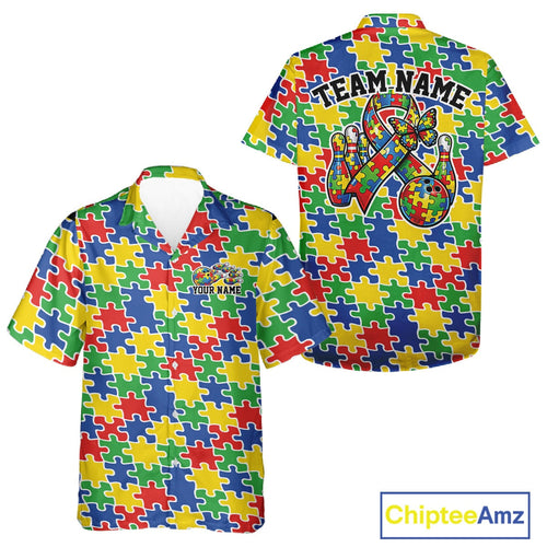 Custom Colorful Autism Awareness Butterfly Ribbon Bowling And Shirt, Puzzles Jersey