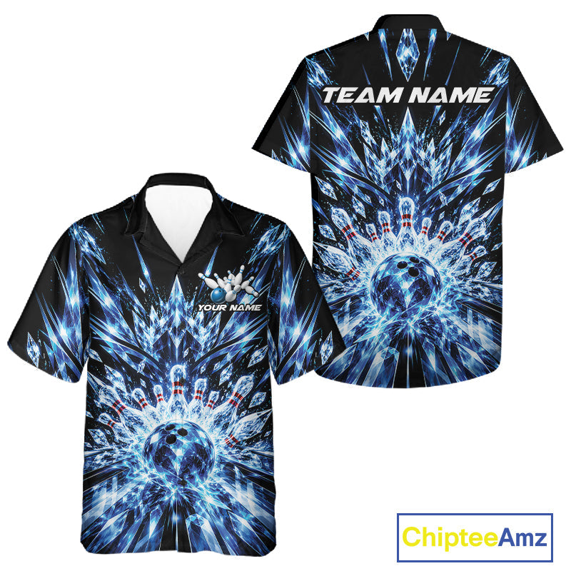 Custom Icy Blue Crystal Ice Bowling League Team Button Up Shirt And, Bowling Jersey