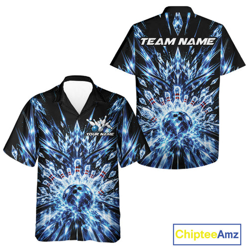 Custom Icy Blue Crystal Ice Bowling League Team Button Up Shirt And, Bowling Jersey