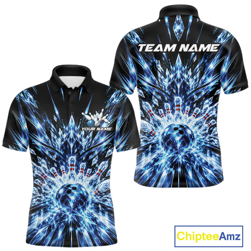 Custom Icy Blue Crystal Ice Bowling League Team Polo Shirt, Bowling Jersey