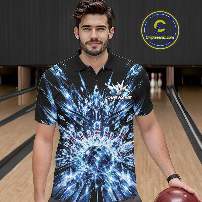 Custom Icy Blue Crystal Ice Bowling League Team Polo Shirt, Bowling Jersey