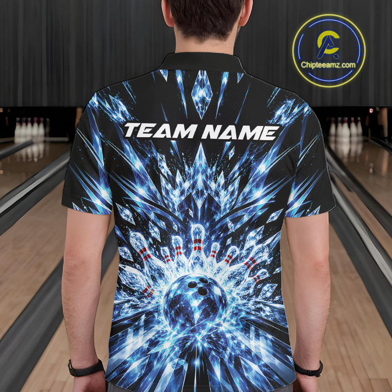 Custom Icy Blue Crystal Ice Bowling League Team Polo Shirt, Bowling Jersey
