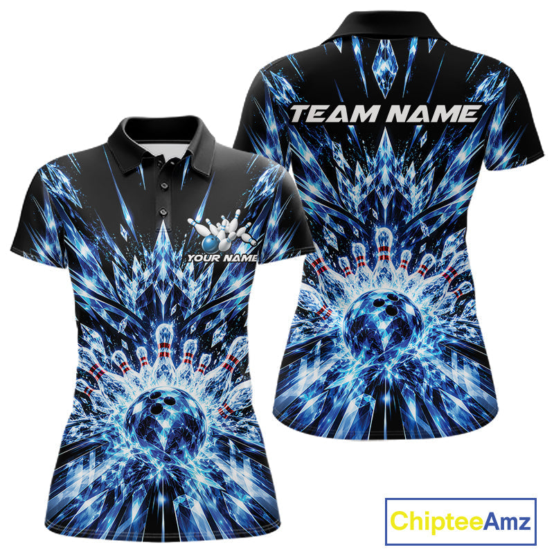 Custom Icy Blue Crystal Ice Bowling League Team Polo Shirt, Bowling Jersey