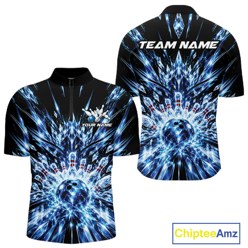 Custom Icy Blue Crystal Ice Bowling League Team Quarter Zip Shirt, Bowling Jersey
